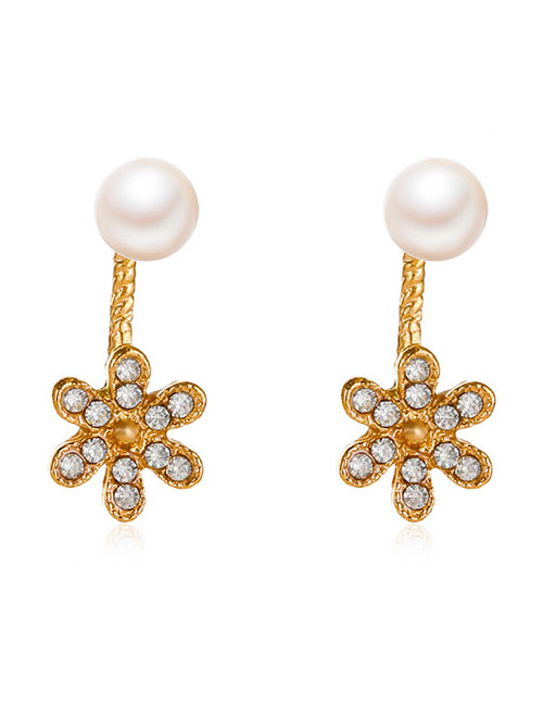Fashion Gold Alloy Diamond Flower Pearl Stud Earrings