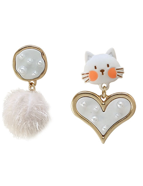 Fashion White Alloy Kitten Love Hair Ball Earrings