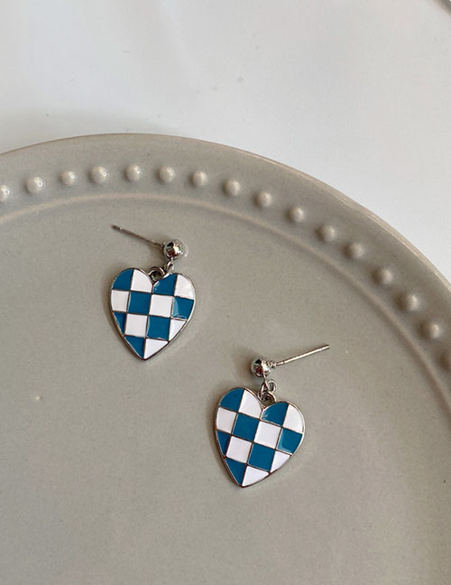 Fashion A Pair Of S925 Silver Needle Blue Stud Earrings Love Checkerboard Stud Earrings