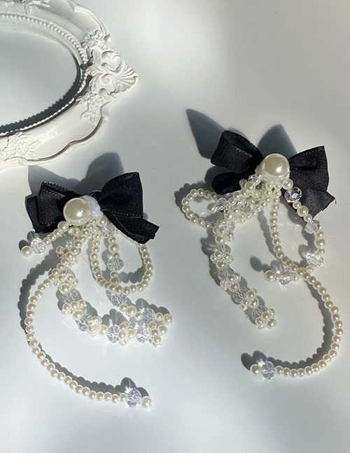 Fashion White Fabric Bow Pearl Tassel Earrings