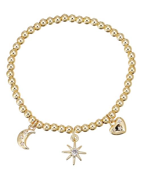 Fashion Gold Copper Inlaid Zirconium Crescent Heart Beaded Bracelet