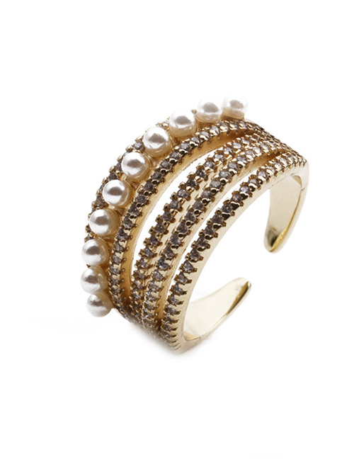 Fashion 3# Copper Plated Real Gold With Zirconium Pearl Open Ring