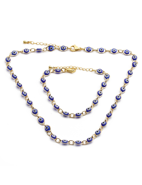 Fashion Blue Suit Copper Plated Real Gold Dripping Eye Necklace Bracelet Set