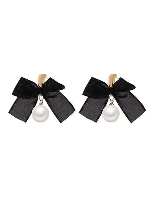 Fashion Black Alloy Pearl Bow Earrings