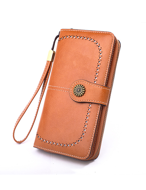 Fashion Brown Oil Leather Hollow Sun Flower Buckle Large-capacity Card Holder
