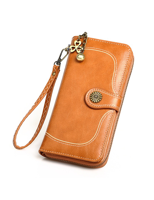 Fashion Brown Oil Wax Leather Sun Flower Buckle Long Zipper Card Holder