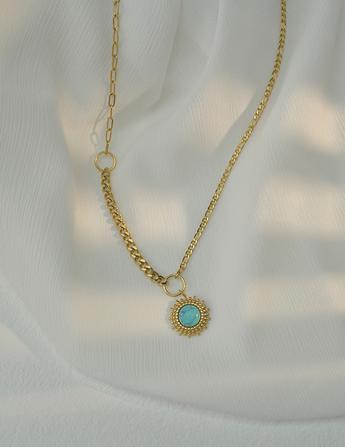 Fashion Gold Titanium Steel Inlaid Turquoise Stitching Cuban Chain Necklace