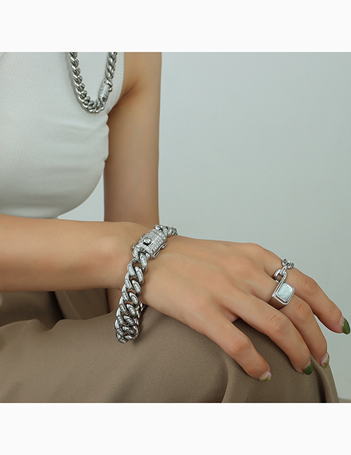 Fashion Full Diamond Inlaid Silver Color Bracelet Titanium Steel Inlaid Zirconium Full Diamond Cuban Chain Bracelet