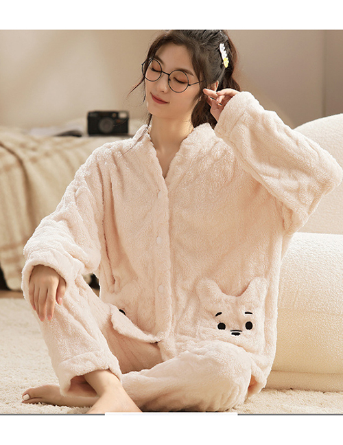 Fashion Beige Cut Flower Bear Flannel And Velvet Cartoon Bear Split Pajama Set
