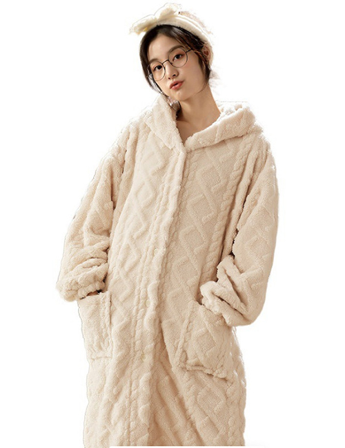Fashion Beige Jacquard Nightgown Flannel And Velvet Jacquard Split Nightgown