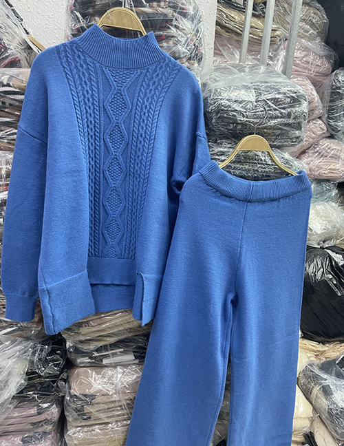 Fashion Blue Jacquard Knitted Half Turtleneck Sweater Wide-leg Trousers
