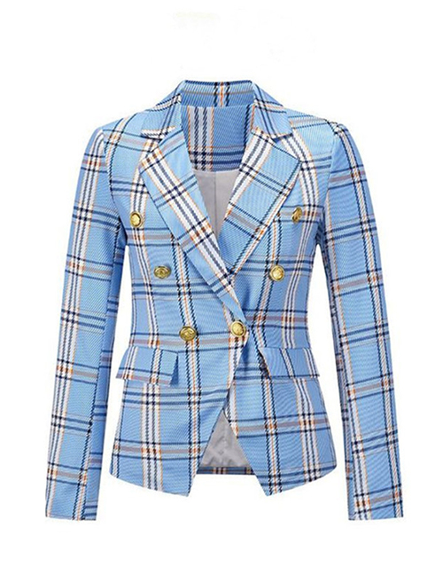 Fashion Blue Plaid Check Print Double-breasted Long-sleeved Blazer