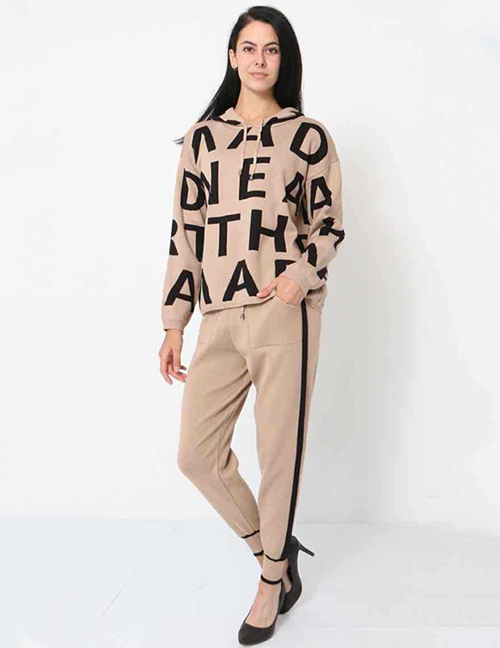 Fashion Dark Khaki Cotton Letter Printed Hooded Sweatshirt And Foot Guard Pants Suit