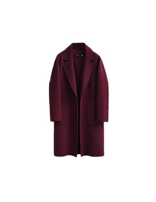 Fashion Red Wine Lapel Large Pockets Buttoned Woolen Coat