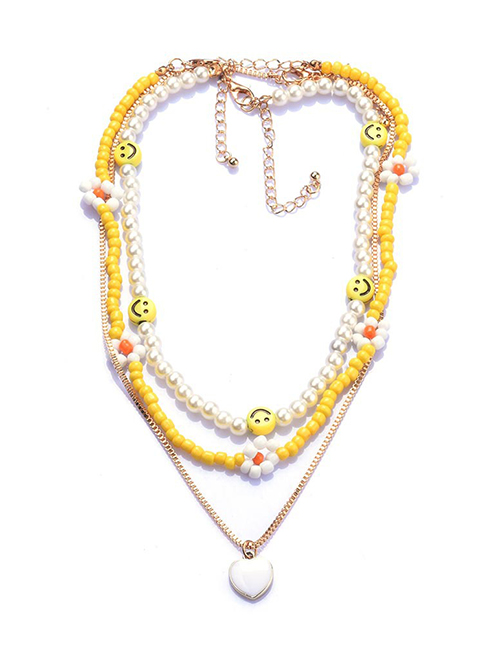 Fashion Gold Color Rice Beads Flower Smiley Love Multilayer Necklace