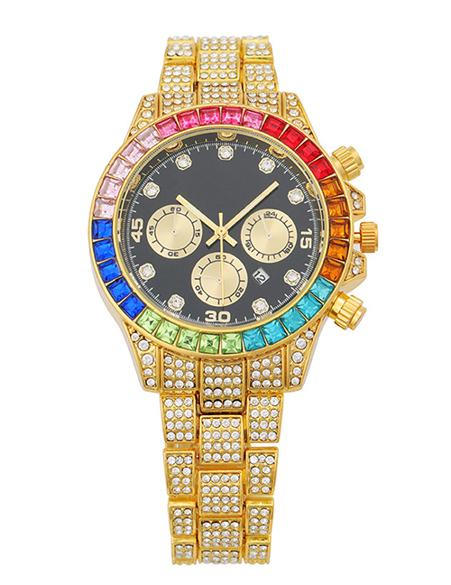 Fashion Gold Coloren Black Face Steel Band With Colored Diamonds Three-eye Calendar Watch