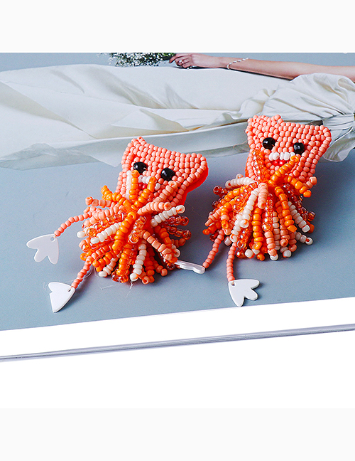 Fashion Orange Rice Bead Woven Cat Stud Earrings