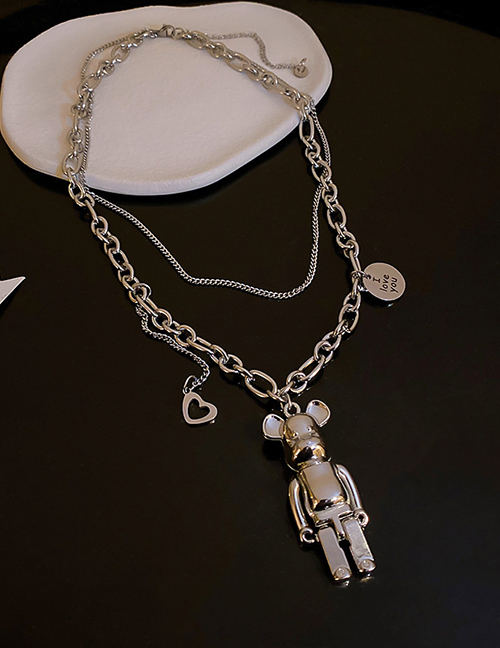 Fashion Silver Color Titanium Steel Letter Round Brand Bear Double Necklace