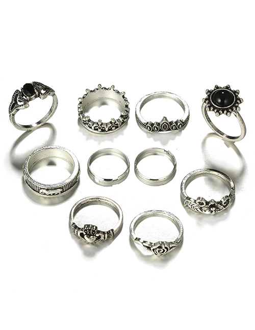 Fashion Silver Color Alloy Hollow Flower Elephant Love Ring Set