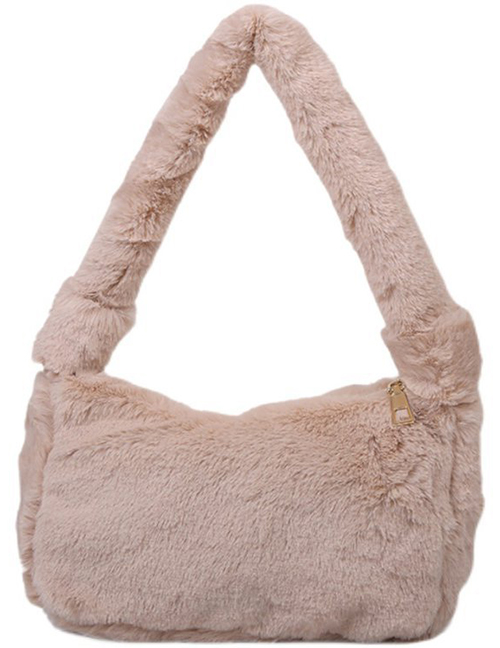 Fashion Khaki Plush Zipper Handbag