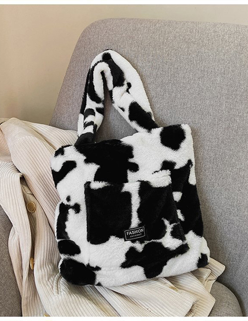 Fashion Black Large-capacity Cow-print Plush Shoulder Bag