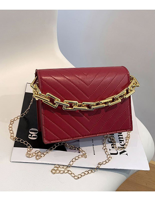 Fashion Red Wine Pu Geometric Embroidery Thread Thick Chain Portable Messenger Bag