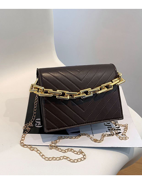 Fashion Brown Pu Geometric Embroidery Thread Thick Chain Portable Messenger Bag