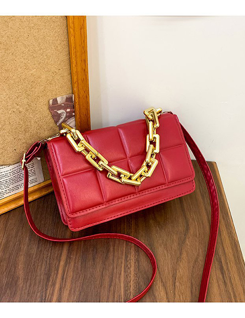 Fashion Red Pu Grid Thick Chain Portable Messenger Bag