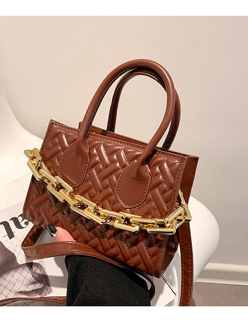 Fashion Dark Brown Pu Geometric Cross Embroidery Thread Thick Chain Portable Messenger Bag