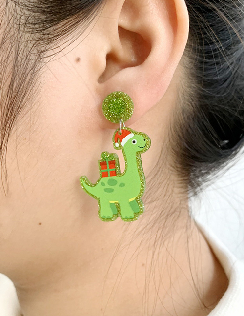 Fashion Gift Dinosaur On Fruit Green Back Christmas Dinosaur Acrylic Glitter Earrings