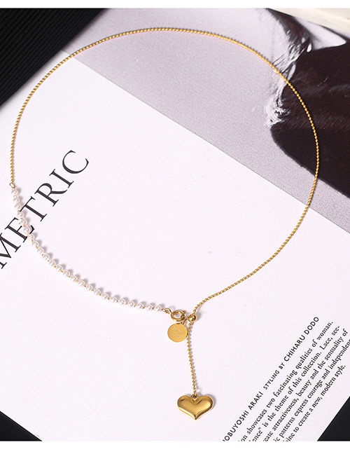 Fashion Gold Color Titanium Steel Pearl Chain Stitching Love Necklace