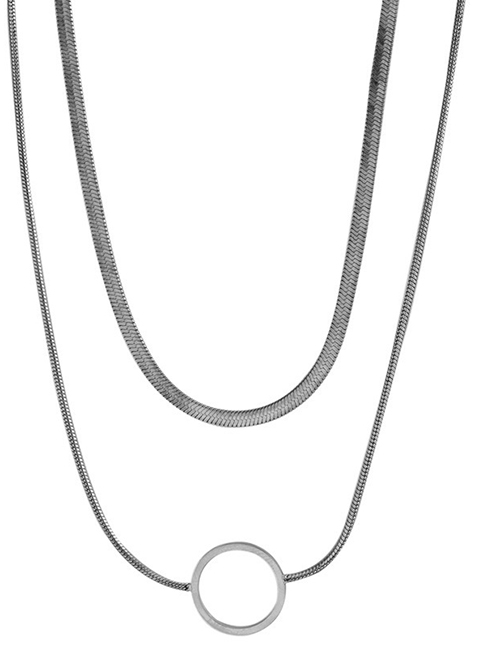 Fashion Silver Color Titanium Steel Round Snake Bone Chain Double Necklace