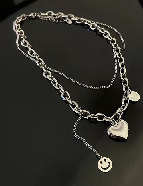 Fashion Silver Color Titanium Steel Smiley Love Double Necklace