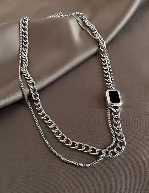 Fashion Silver Color Black Gem Titanium Steel Square Black Treasure Double Necklace
