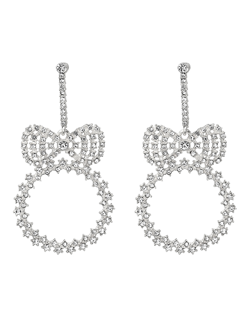 Fashion Silver Alloy Diamond Hollow Bow Round Earrings