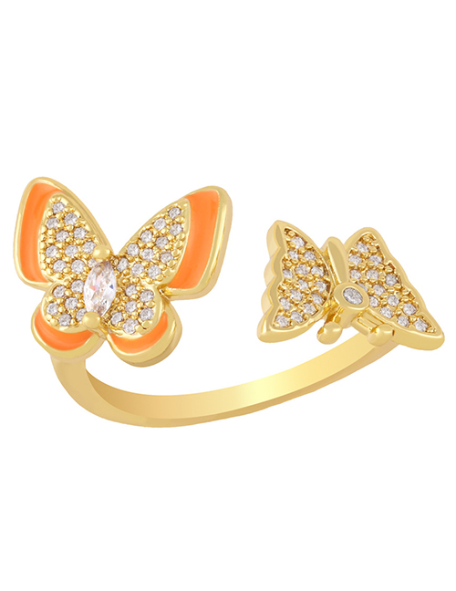 Fashion Orange Copper And Diamond Dripping Butterfly Open Ring