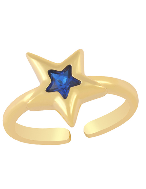 Fashion Blue Copper Inlaid Zirconium Five-pointed Star Open Ring