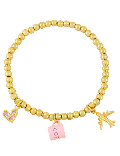 Fashion Pink Copper Diamond Coffee Cup Airplane Love Beaded Bracelet