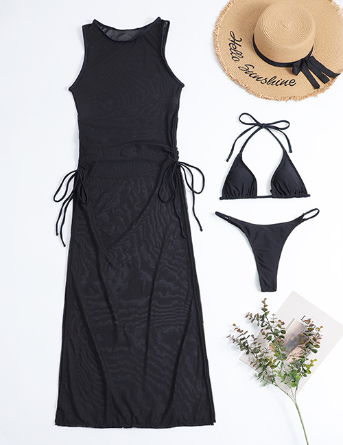 Fashion Black Three-piece Swimsuit With Solid Color Sling