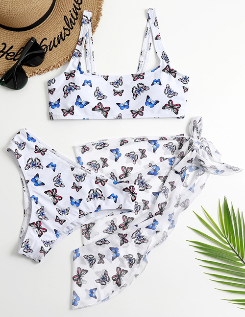 Fashion White Butterfly Three-piece Swimsuit With Split Print