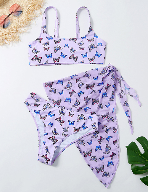 Fashion Purple Butterfly Three-piece Swimsuit With Split Print