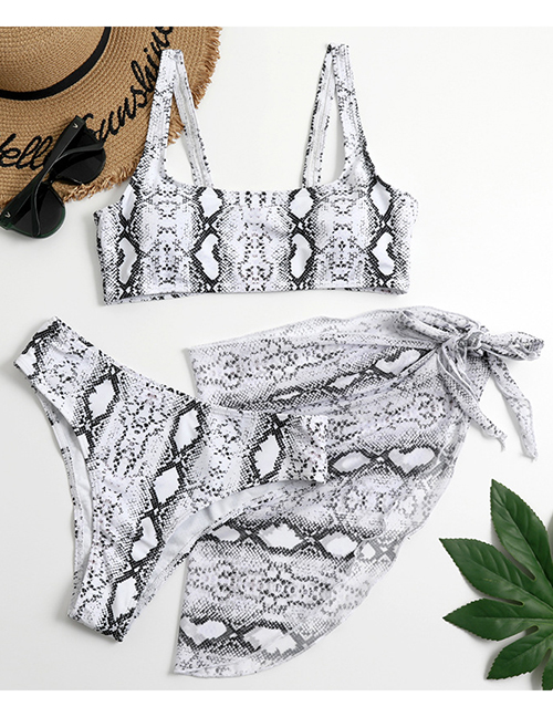 Fashion White Snake Skin Three-piece Swimsuit With Split Print