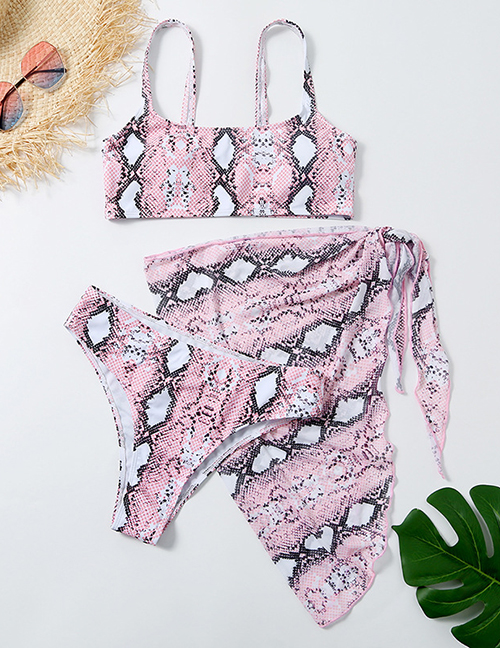 Fashion Pink Snake Skin Three-piece Swimsuit With Split Print