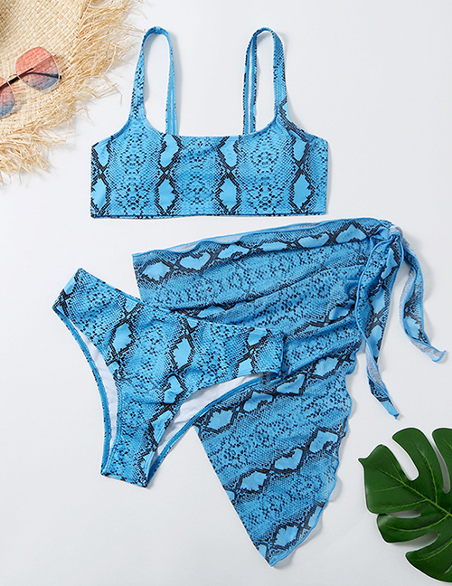 Fashion Blue Snake Skin Three-piece Swimsuit With Split Print