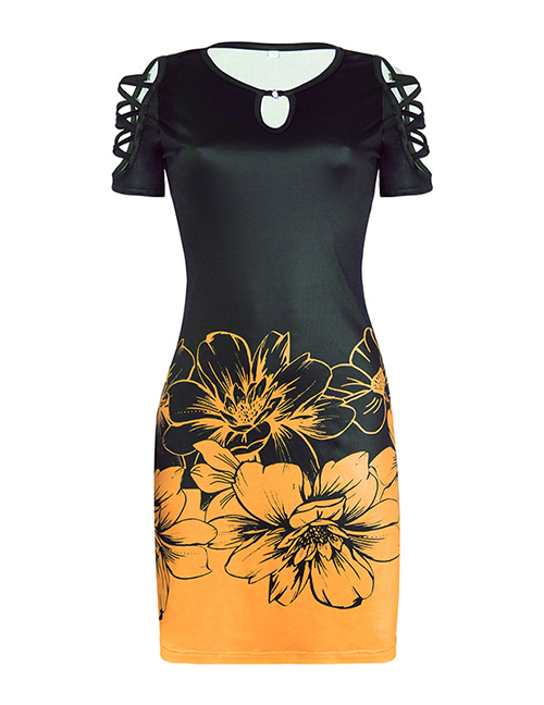 Fashion Yellow Printed Short Sleeve Off-the-shoulder Round Neck Dress