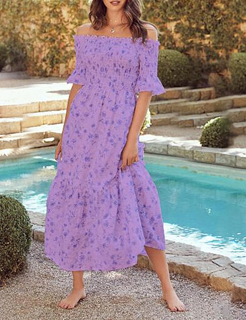 Fashion Purple Printed Elastic Pleated One-neck Dress