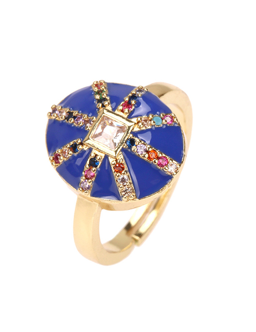 Fashion Blue Copper Inlaid Zirconium Geometry Pozi Oil Drop Ring