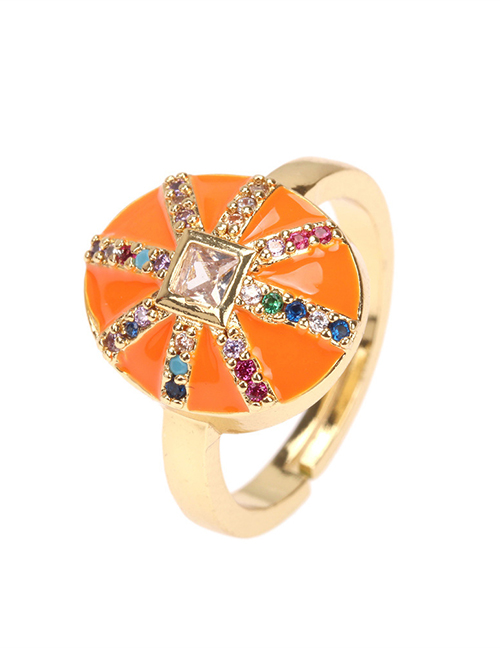 Fashion Orange Copper Inlaid Zirconium Geometry Pozi Oil Drop Ring