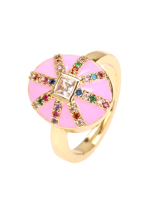 Fashion Pink Copper Inlaid Zirconium Geometry Pozi Drop Oil Ring