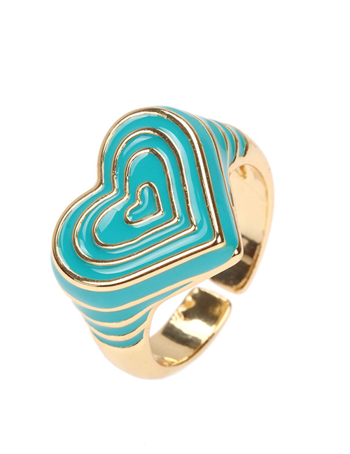 Fashion Cyan Copper Drop Oil Color Love Heart Ring